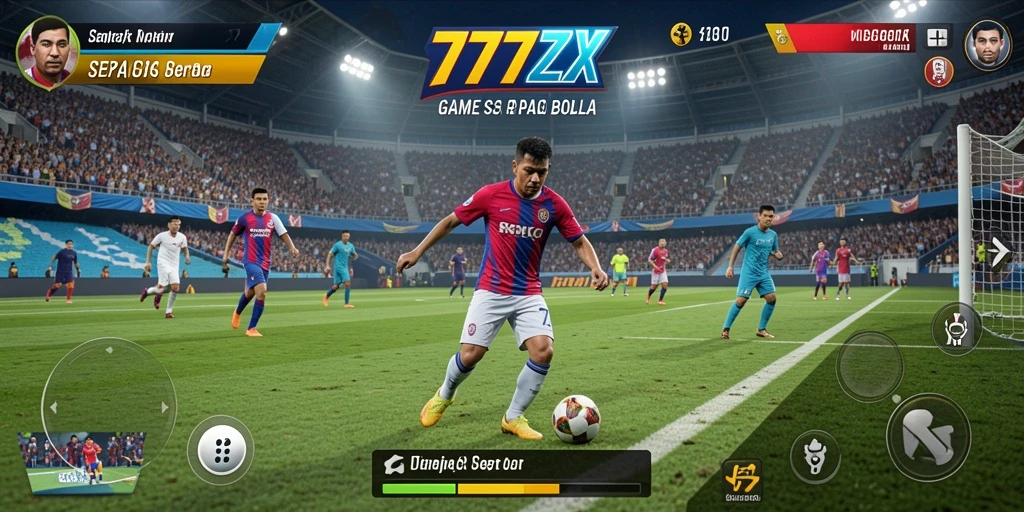 Tampilan gameplay di lapangan sepak bola yang mendebarkan.