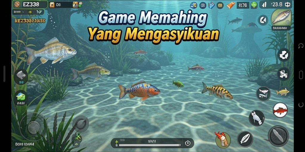 Tampilan gameplay menyenangkan dalam EZ338 saat menangkap ikan.