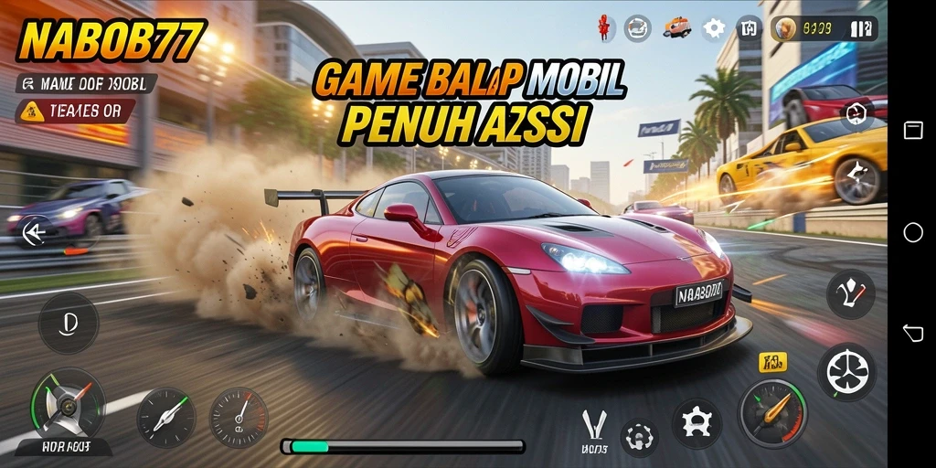 Gameplay NABOB77 dengan mobil balap di trek penuh aksi.