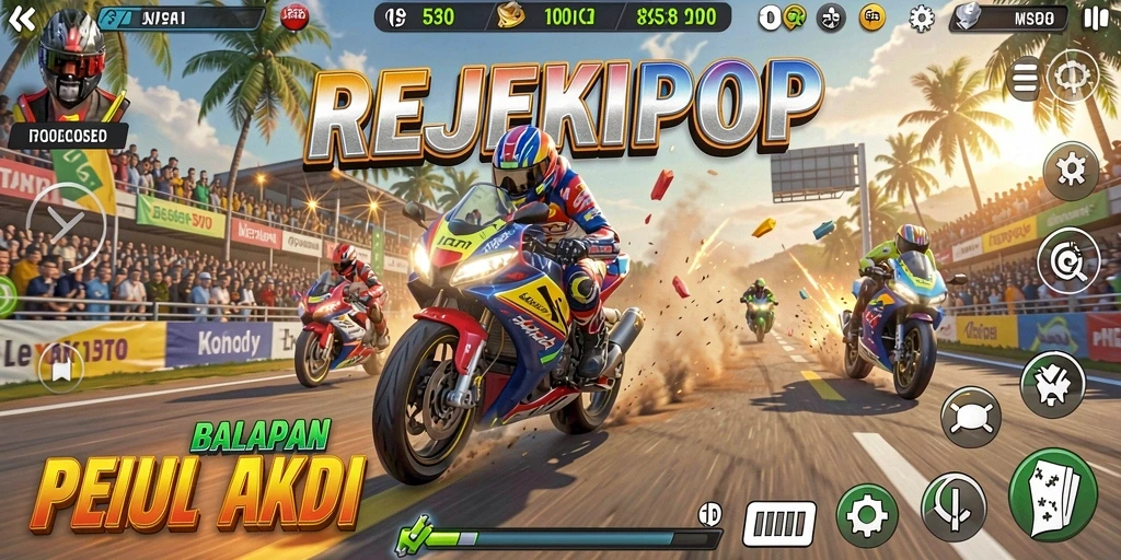 Screenshot gameplay REJEKIPOP menampilkan aksi balapan motor yang mendebarkan.